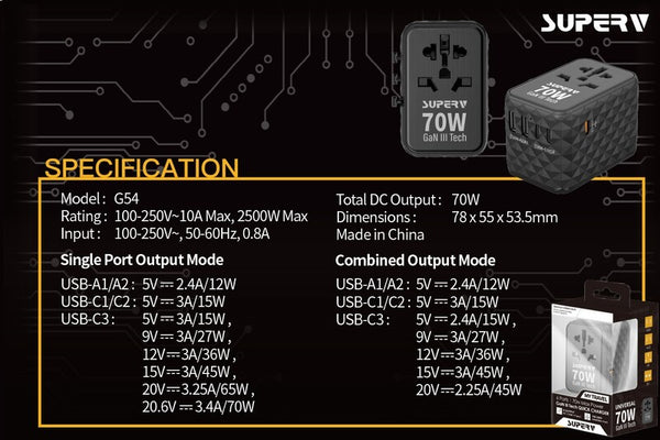 【門市發售】SuperV 70W 多功能旅行轉插充電器(G54)