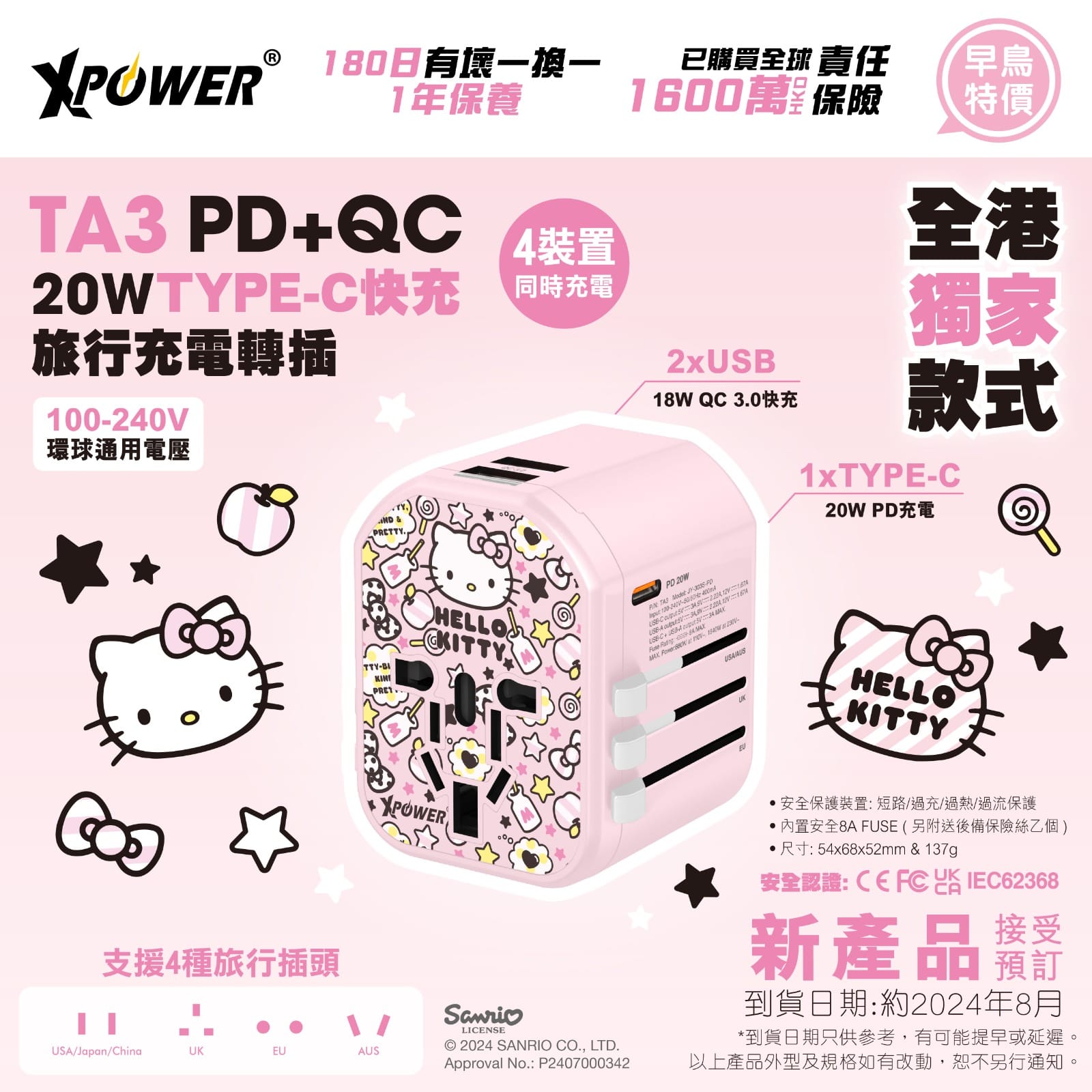 【門市發售】Xpower ✖️Hello Kitty 20W PD+QC快充 旅行轉插（TA3）